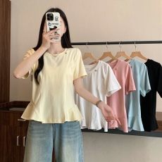 批发实拍  实价2026年大码女装新款荷叶边下摆纯色短袖T恤上衣