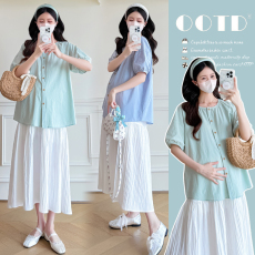 批发实拍新款孕妇装夏装宽松小清新上衣泡泡袖衬衫<b class='q'>娃娃衫</b>+半身裙套装