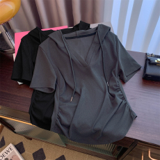 批发夏季韩版百搭纯色连帽抽绳打底衫女新款纯棉短袖T恤上衣女