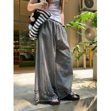 批发实拍实价2026~松紧腰格子木耳边拼接显瘦休闲裤阔腿遮胯宽松<b class='q'>长裤</b>