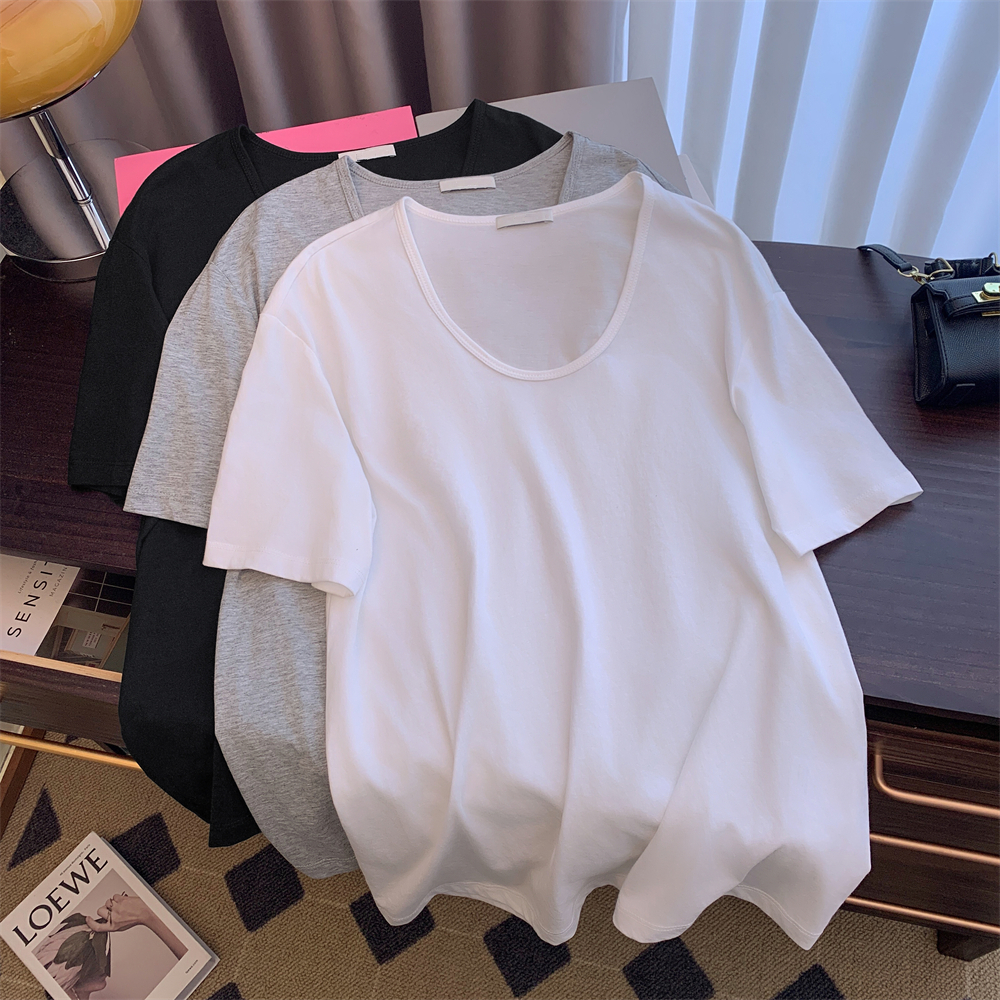 MY4617# 26支纯棉170g100%绵U领宽松短袖T恤女薄款女裝貨源服裝批發