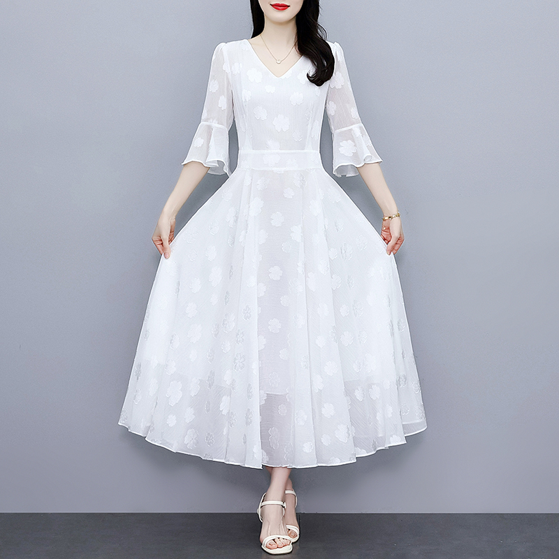 RY1134# 2026新款夏季荷叶袖提花雪纺高档连衣裙新款大摆沙滩裙女