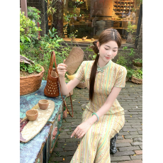 批发新中式国风江南春气质复古全包边旗袍连衣裙女春夏显瘦长裙