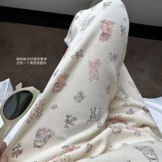 批发卡通微笑狗狗松紧腰拖地阔腿裤子女夏季高腰休闲直筒裤家居可外