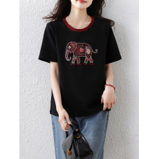 批发别致复古2025新款重工钉珠大象刺绣空气棉圆领<b class='q'>中袖</b>T恤衫上衣女