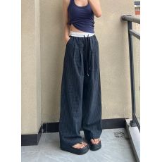 批发<b class='q'>甜美</b>格子宽松阔腿裤休闲裤女夏季松紧腰直筒遛弯裤长裤