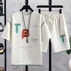 批发跨境新款夏季男潮流宽松服潮牌学生短袖字母T恤上衣圆领两件套