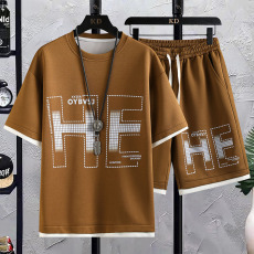 批发青年学生港风工装套装男夏季宽松休闲男士套装短袖短裤两件套跨境