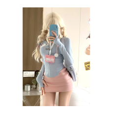 批发春夏蓝色紧身<b class='q'>上衣</b>防晒衫包臀裙运动辣妹套装