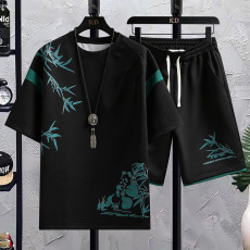 批发跨境直播爆款短袖运动套装休闲T恤夏季潮流篮球外穿宽松男两件套