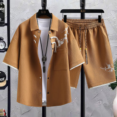 批发青少年国潮新中式盘扣衬衫套装男士夏季凉感透气复古休闲短袖短裤