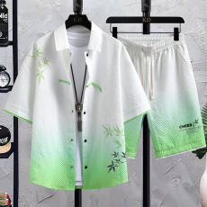 批发直播爆款新中式国风衬衫盘扣短袖短裤男跨境垂感水墨画竹子两套装