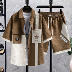 批发跨境直播中国风新中式套装青少年可二卡国潮时尚衬衫短袖套装男