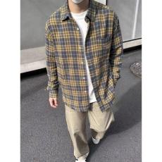 批发网图 美式复古通勤休闲磨毛格子衬衫春秋季毛边百搭长袖外套男女