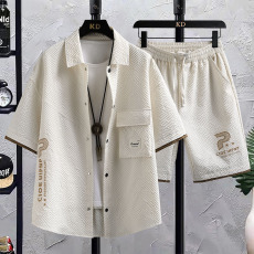 批发直播跨境夏季衬衫短袖短裤套装青少年国潮新中式两件套潮流时尚男