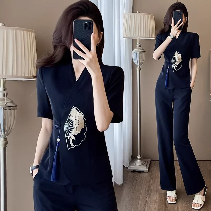 FA20610# 新中式短袖西装套装女夏薄款高端职业工装气质中国风美容院工作服 服裝批發女裝批發服飾貨源