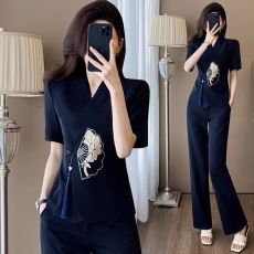 批发新中式短袖<b class='q'>西装</b>套装女夏薄款高端职业工装气质中国风美容院工作服