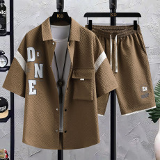 批发中式国风男士夏季新款华夫格衬衫短袖套装休闲运动潮流薄款两件套