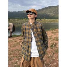 批发网图 美式复古着撞色春秋男女宽松格纹慵懒长袖格子衬衫毛边衬衣