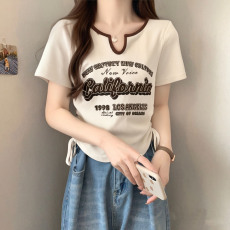 批发实拍字母抽绳印花T恤夏季短袖女<b class='q'>装</b>2025年新款修身辣妹小众打底衫