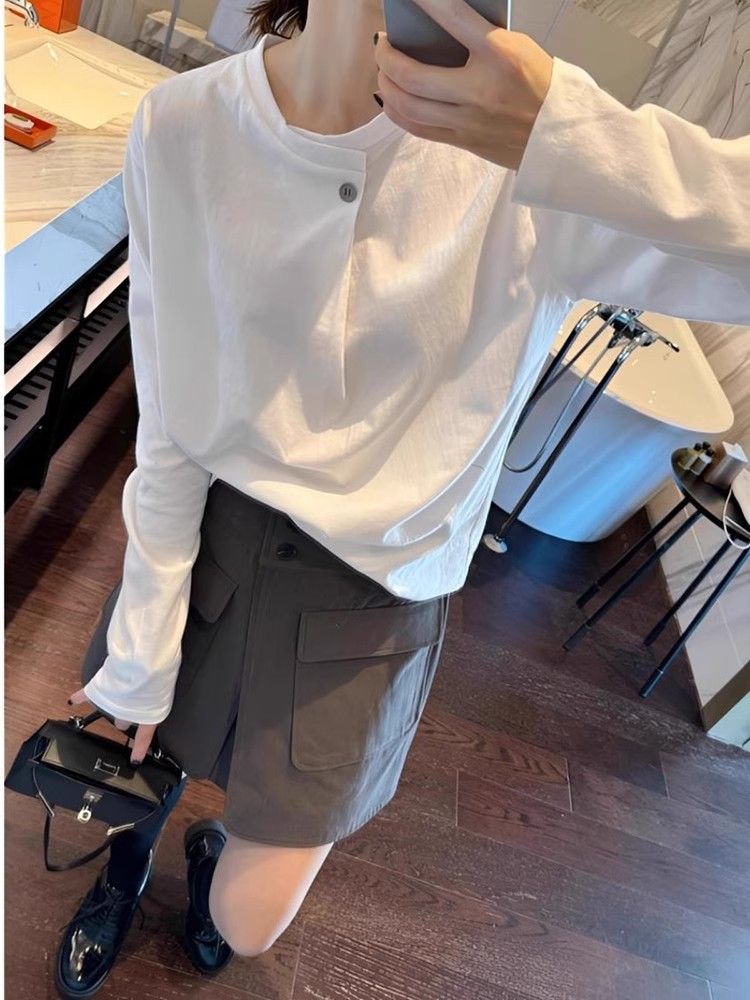 首发~21支纯棉210g+后包领白色设计感宽松慵懒风长袖t恤女