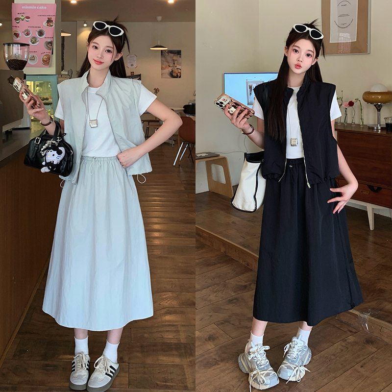 FA34746# 夏季新款减龄休闲时尚防晒马甲A字半身裙套装 服裝批發女裝批發服飾貨源