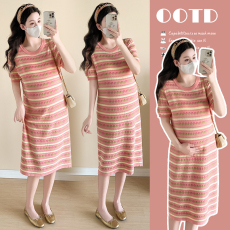 批发实拍新款孕妇夏装针织<b class='q'>提花</b>条纹孕妇裙子产后潮妈哺乳裙长款