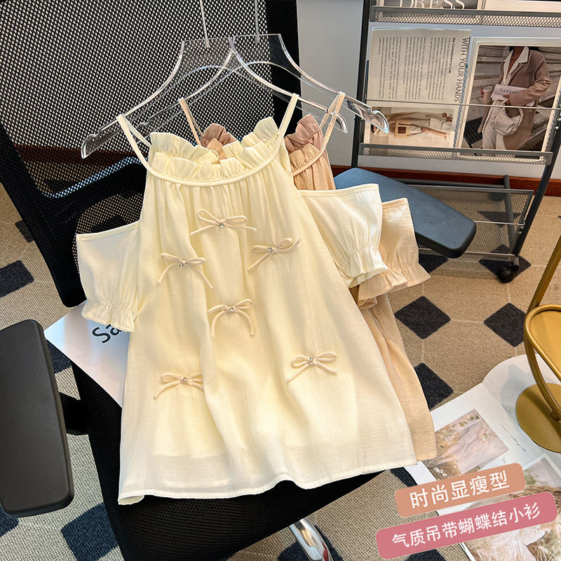 MY5257# 法式木耳边镶钻蝴蝶结露肩吊带衫背心夏季新款小衫上衣女女裝貨源服裝批發