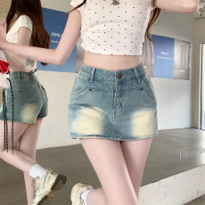 批发实拍大码胖mm牛仔半身裙女新款高腰裙裤小个子a字包臀超短裙子夏