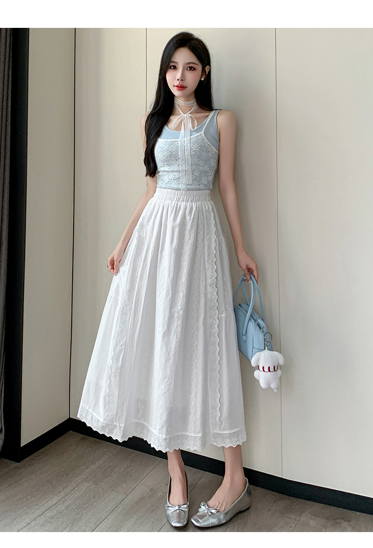 白色蕾丝花边半身裙女春夏高腰a字中长款钩花拼接大摆裙仙女裙子