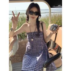 批发原版色织格设计感两穿蓝色格子半身裙女夏法式气质抹胸背心裙