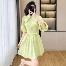 批发法式温柔甜美风翻领泡泡袖衬衫<b class='q'>连衣裙</b>女2025春季新款收腰显瘦短裙