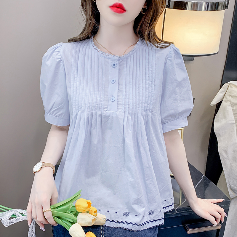 MY4710# 小清新短袖纯棉米色撞色花边刺绣设计感衬衫女显瘦上衣女女裝貨源服裝批發
