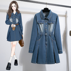 批发实拍好质量复古港风牛仔短袖连衣裙大码胖mm<b class='q'>秋</b>季收腰显瘦衬衫裙女