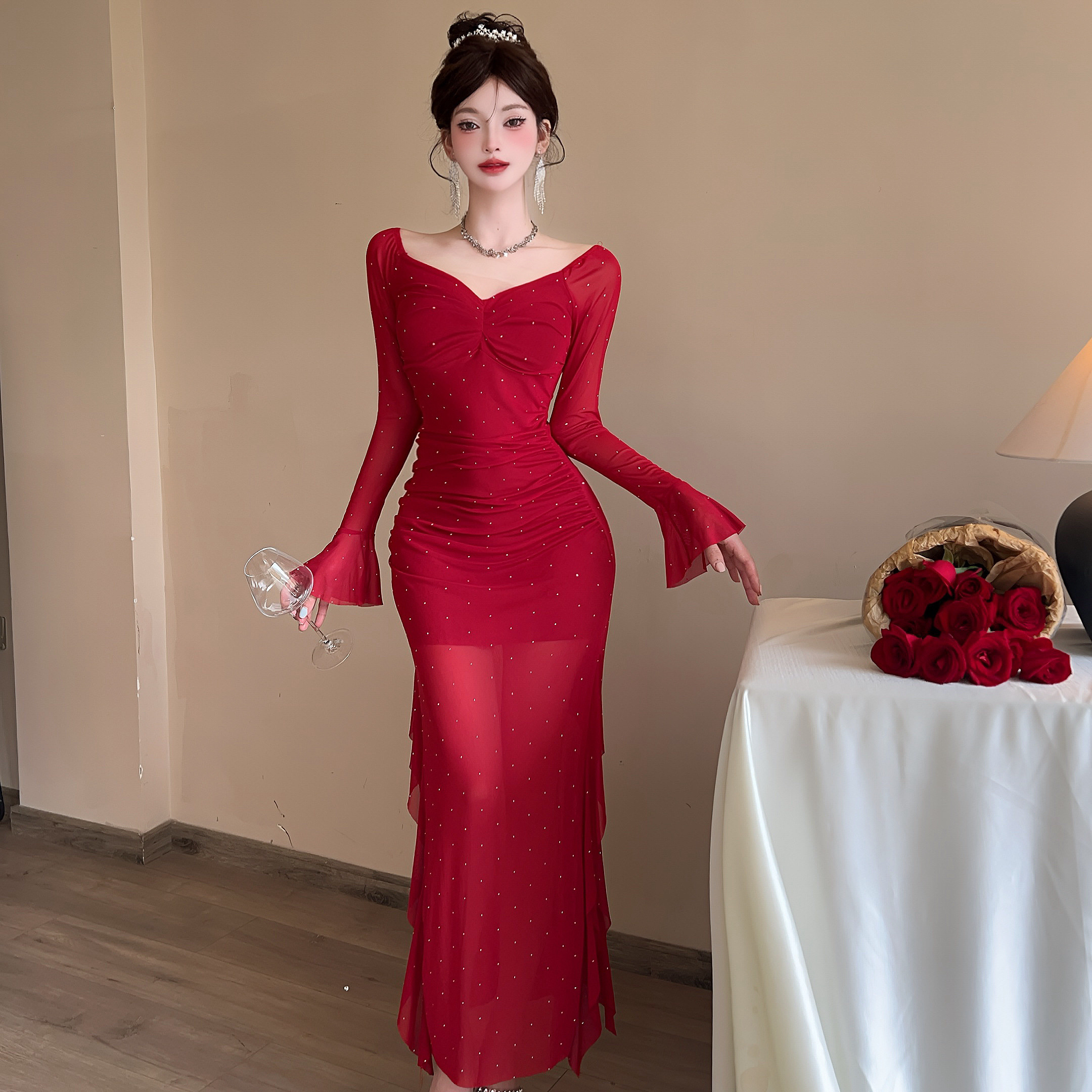 MY4640# 法式风修身性感喇叭袖长袖不规则长裙网纱烫钻防晒连衣裙女裝貨源服裝批發