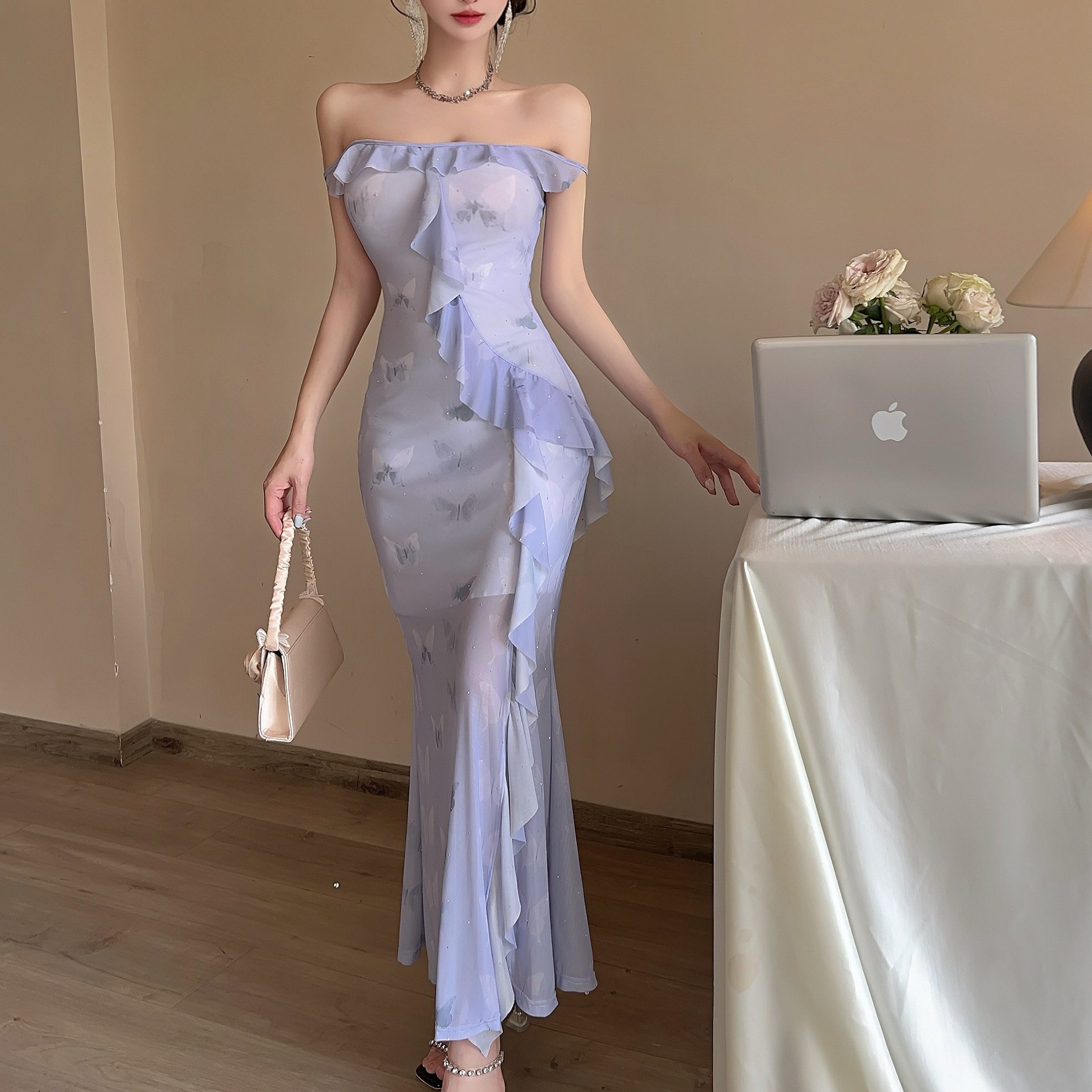 MY4641# 浅色复古印花度假风性感网纱印花打底长款吊带背心连衣裙女裝貨源服裝批發
