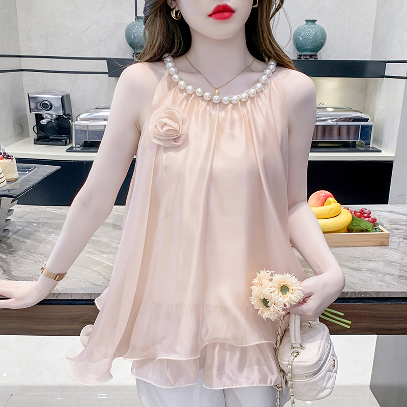 MY4709# 法式设计感小众休闲女装挂脖珍珠拼接荷叶边下摆衬衫夏季新款上衣女裝貨源服裝批發