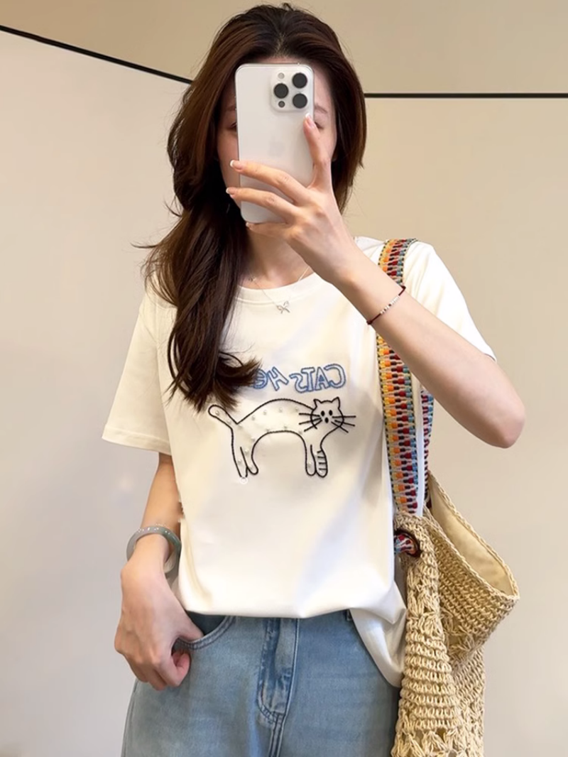 MY4635# 钉珠刺绣短袖t恤女爆款夏季独特超好看韩系chic别致上衣女裝貨源服裝批發