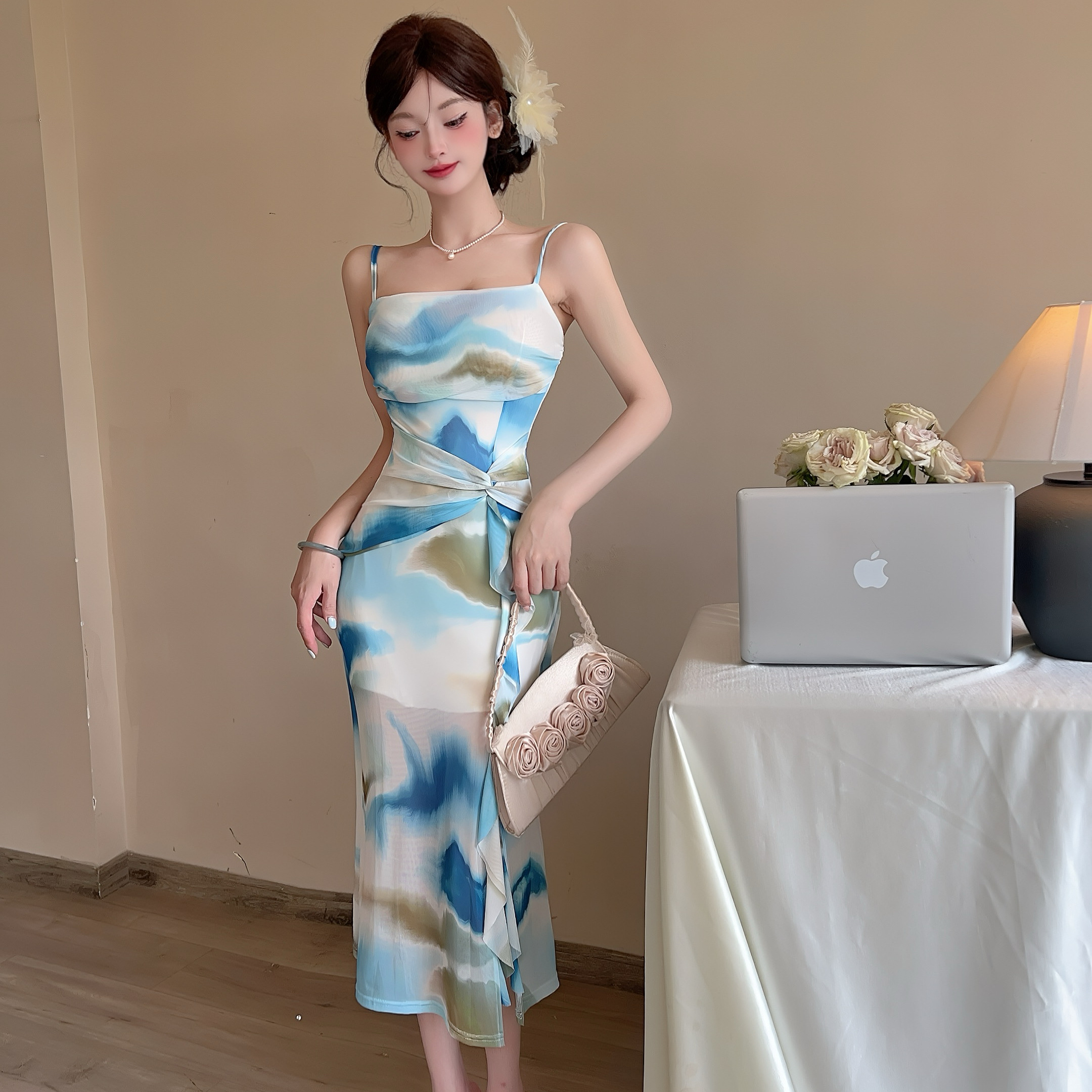 MY4638# 盐系度假风气质女神性感网纱印花打底长款吊带连衣裙长裙女裝貨源服裝批發