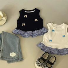 批发女童蝴蝶结短款小背心<b class='q'>夏</b>装新款儿童甜美拼接花边无袖T恤上衣潮流