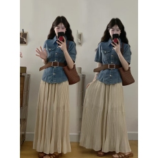 批发设计感复古收腰短袖<b class='q'>牛仔</b>外套+半身裙两件套女2025夏季新款套装潮