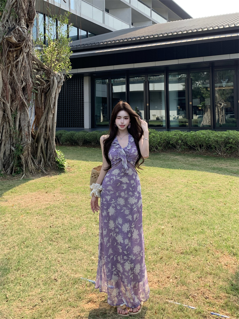실사 정가 빛 요리 한 바람 프릴 꽃무늬 행침 목 스타일 보라색 슬립 롱 스커트 프랑스식 여성 드레스