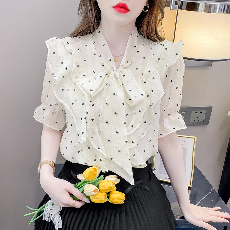 MY4708# 法式高级感系带荷叶边波点衬衫女夏季别致设计感宽松短袖雪纺衬衣女裝貨源服裝批發