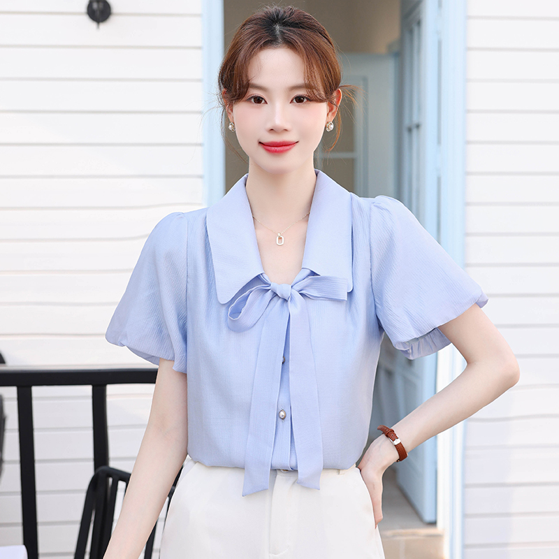 MY5723# 优雅气质蓝色蝴蝶结泡泡袖短袖衬衫女士夏通勤雪纺衫上衣女裝貨源服裝批發