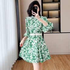 批发2026新款<b class='q'>雪纺</b>碎花v领<b class='q'>连衣裙</b>女夏季胖mm显瘦高级感法式茶歇裙