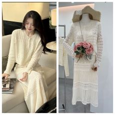 批发2026早春法式温柔风镂空钩花针织开衫半裙套装 2501Z05