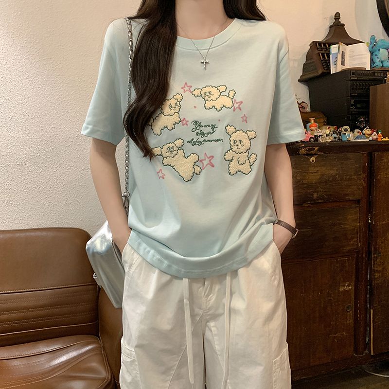 MY4684# 大码女装短袖t恤夏2025潮刺绣正肩宽松短款圆领上衣韩版女装女裝貨源服裝批發