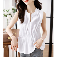 批发实拍高级感法式小众无袖<b class='q'>背心</b>上衣女夏季新款设计感洋气褶皱衬衫女