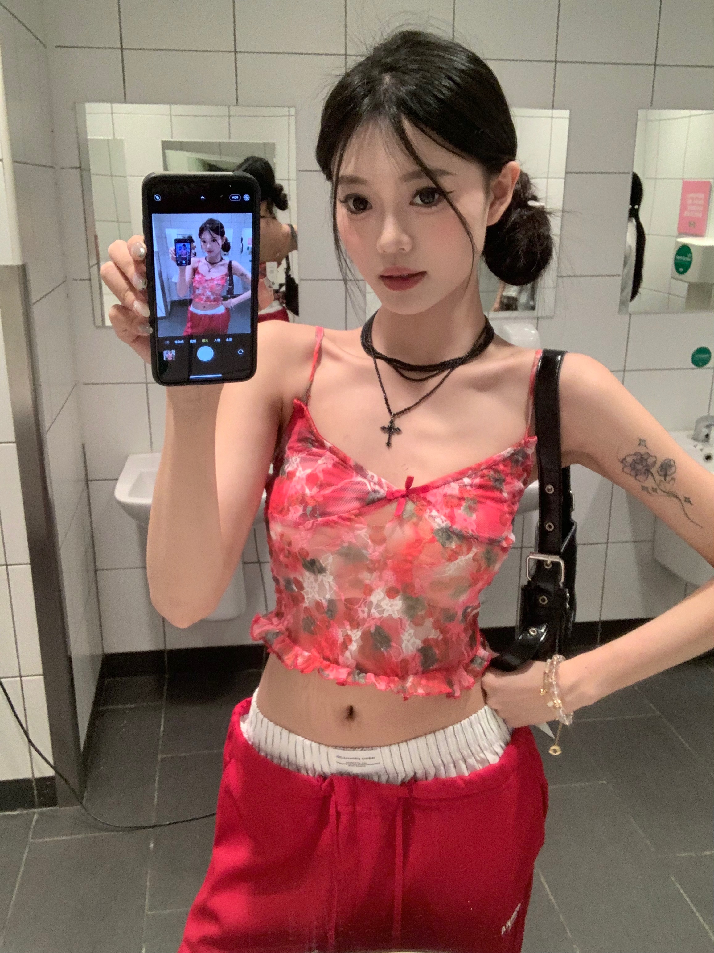 실사 정가 새로운 여름 달콤함 핫걸 빨간색 체리 프린트 레이스 망사 캐미솔 슬립 여성
