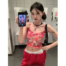 批发实拍实价 新夏季甜美辣妹红色樱桃印花蕾丝网纱吊带背心女吊带
